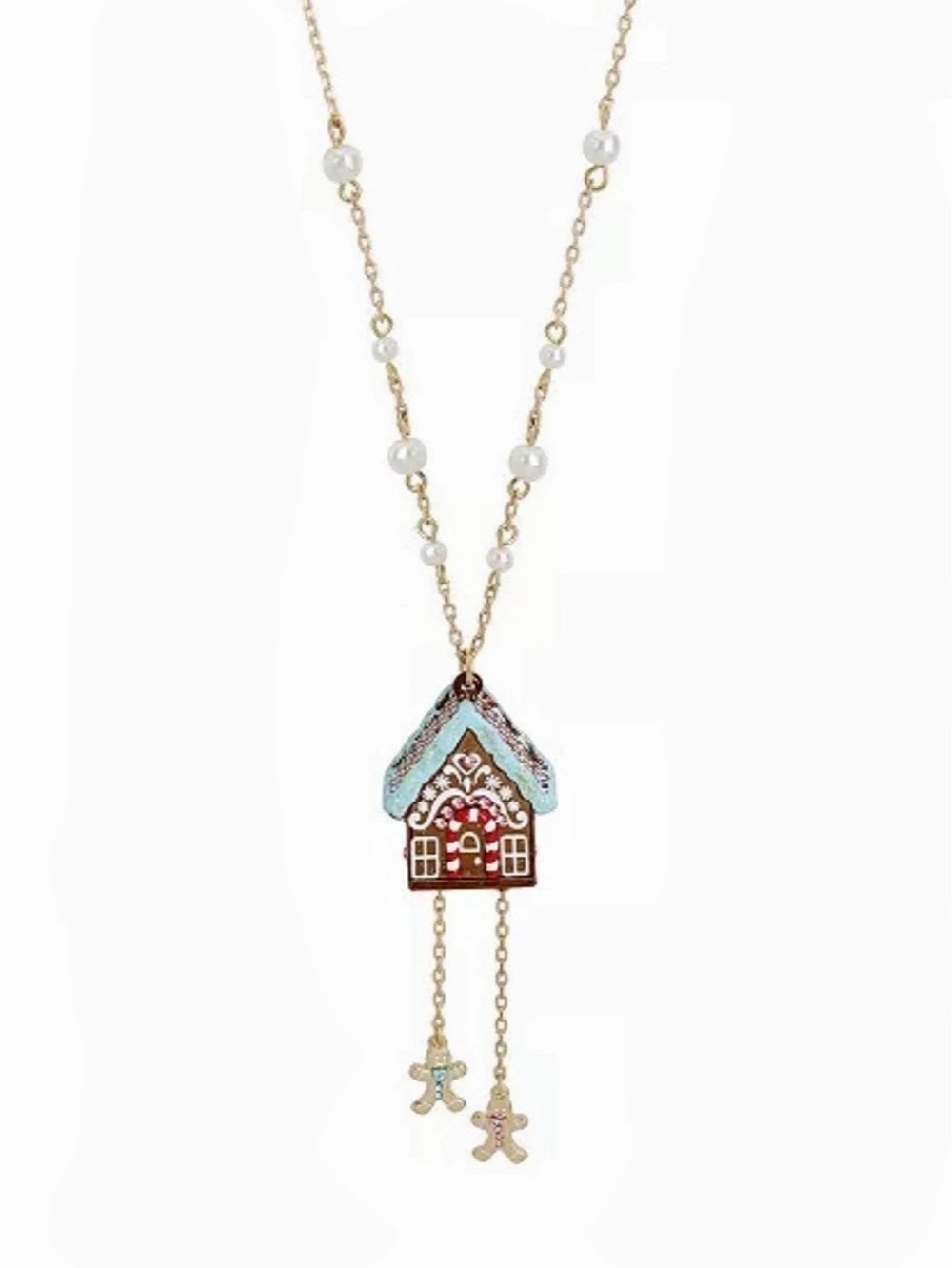 NWT Betsey Johnson Faux Stone Jingle Bell Bling Gingerbread House Pendant Neckla